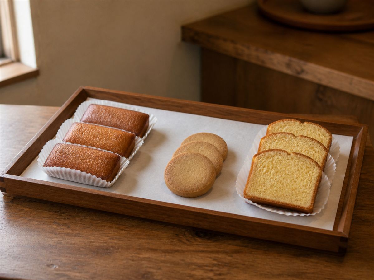 木のトレイに並ぶ焼き菓子